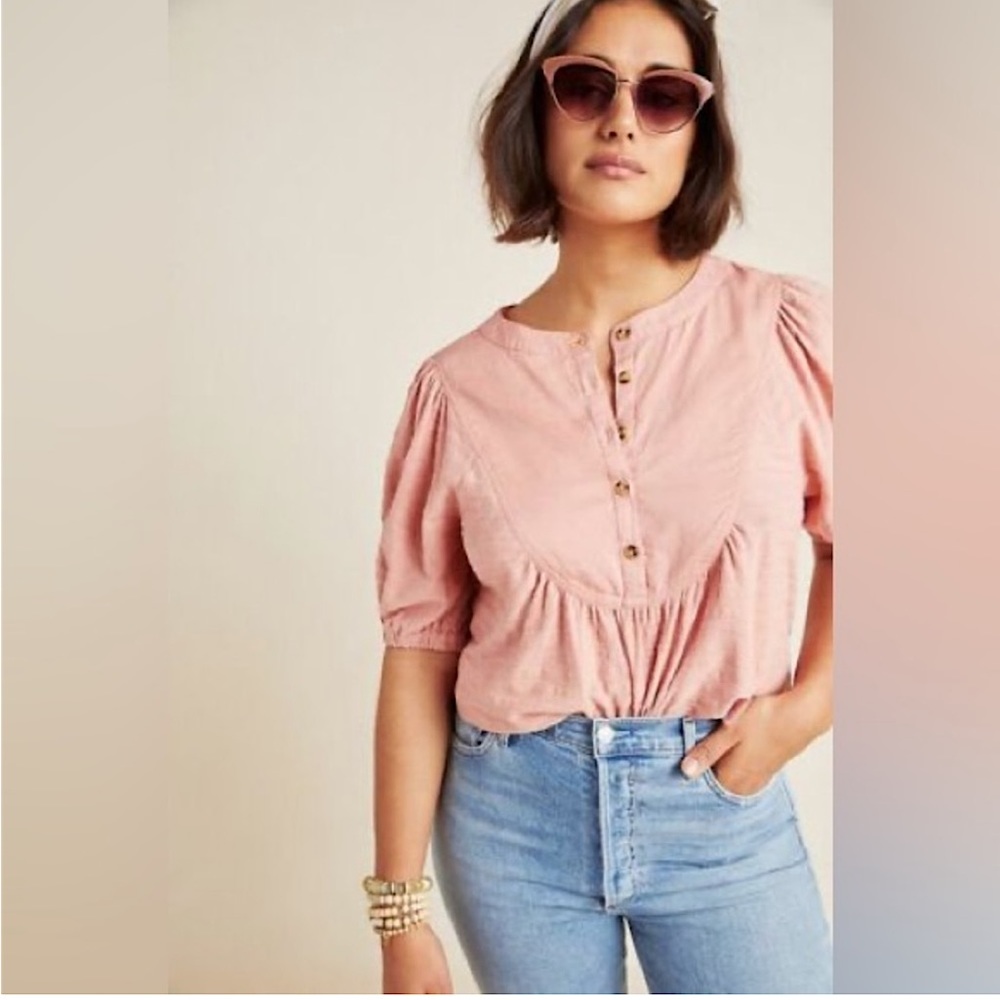 Anthropologie | Elinor Balloon Sleeve Textured Henley Top | Small